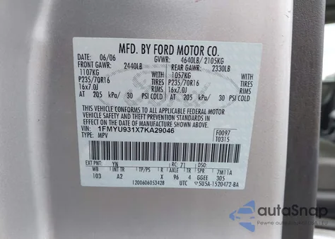 2007 Ford Escape Xlt/Xlt Sport z USA, uszkodzony, nr VIN 1FMYU931X7KA29046